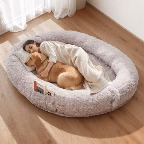Cuccia per cani VEVOR in peluche grigio con tasca laterale, maniglia e fodera rimovibile lavabile in lavatrice, L/P/H: 176 x 122 x 24 cm