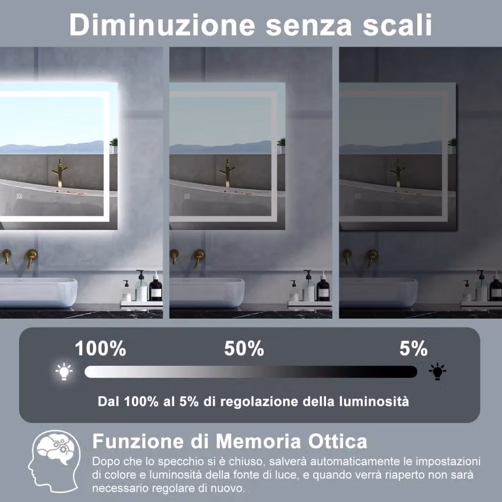 Specchio da bagno rettangolare AICA con retroilluminazione LED dimmerabile, funzione memoria e antifog, L: 80 cm, H: 60 cm, colore bianco – 2