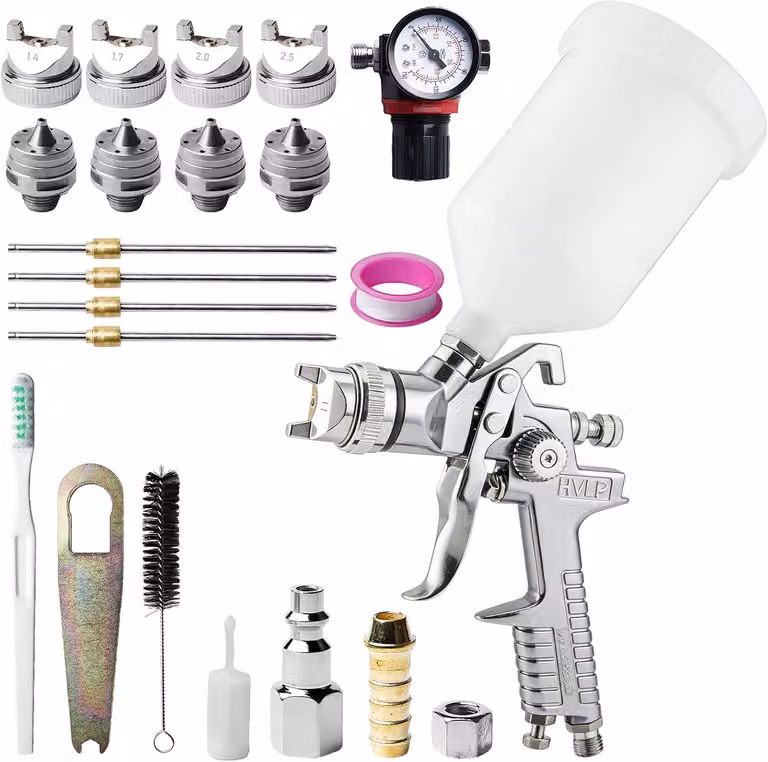 Sistema di verniciatura a spruzzo HVLP con ugelli da 1,4 mm / 1,7 mm / 2,0 mm / 2,5 mm, 4 ugelli, contenitore da 600 ml, con manometro, per