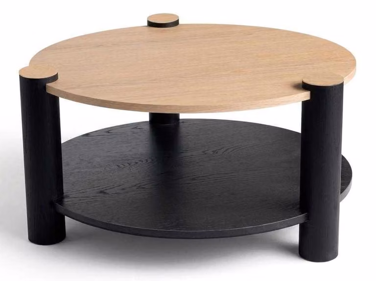 Tavolino moderno rotondo in legno nero, con piano contenitore, design elegante, nuovo