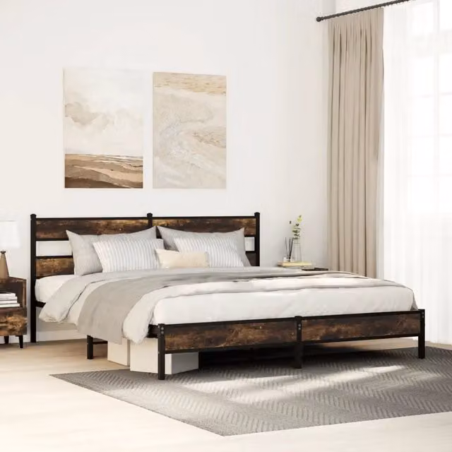 Giroletto in metallo e legno color rovere fumo vidaXL senza materasso L: 193 cm, P: 203 cm – 1