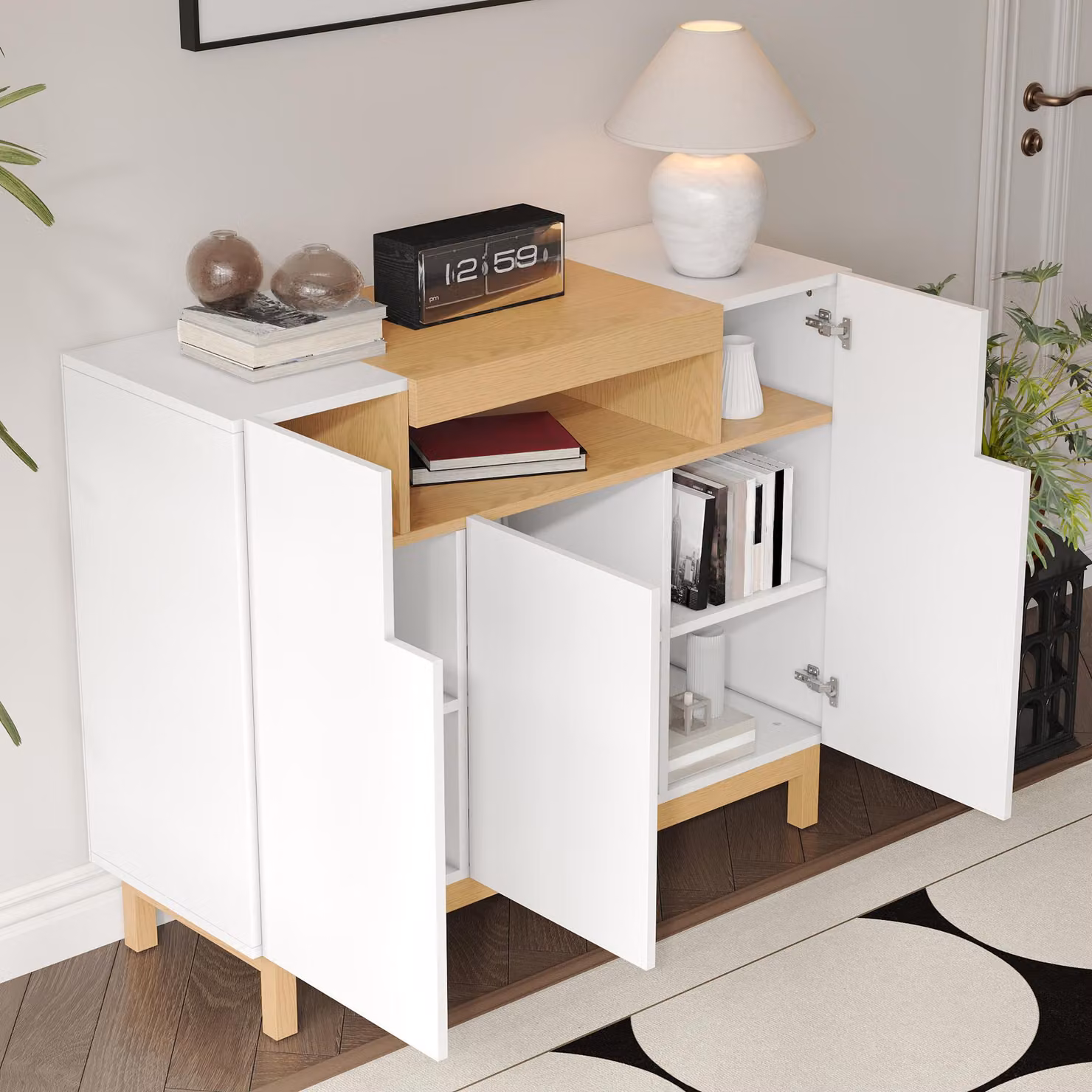MODFU armadi da soggiorno Armadio da corridoio con spazio di archiviazione, credenza a tre ante con vani a giorno, armadio laterale per soggiorno e sala da pranzo, bianco