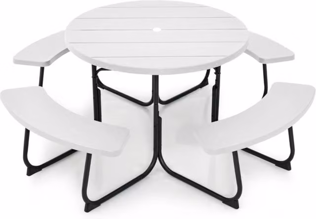Set tavolo da picnic per 8 persone con 4 panche e foro per ombrellone, Tavolo da picnic circolare portata 225kg Bianco