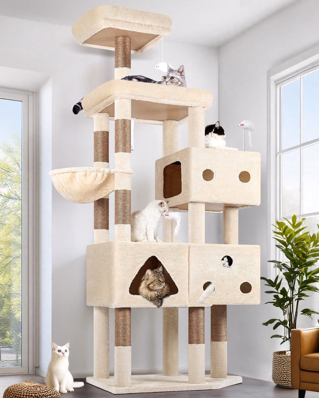 Albero per gatti di grandi dimensioni, con 3 ampie casette e pali di sostegno per una maggiore stabilità