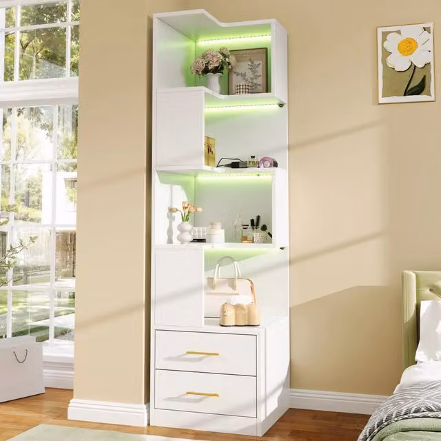 Scaffale angolare WISHDOR bianco con illuminazione LED, 4 ripiani e 2 cassetti, ideale per soggiorno, camera da letto o ufficio, Altezza: 165 cm