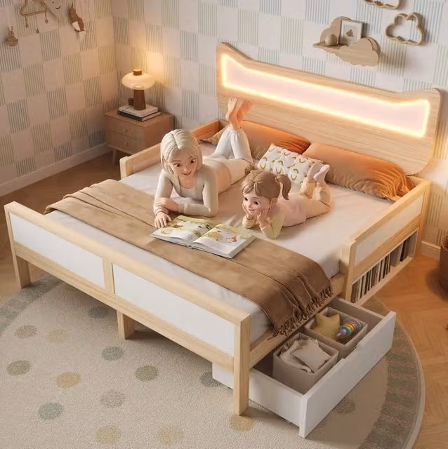 Letto per bambini 140x200 cm con testiera a forma di gatto e LED RGB, bianco e rovere