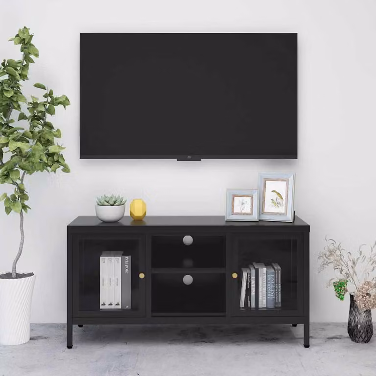 Mobile TV vidaXL Nero in Metallo e Vetro L: 105 cm, P: 35 cm, H: 52 cm