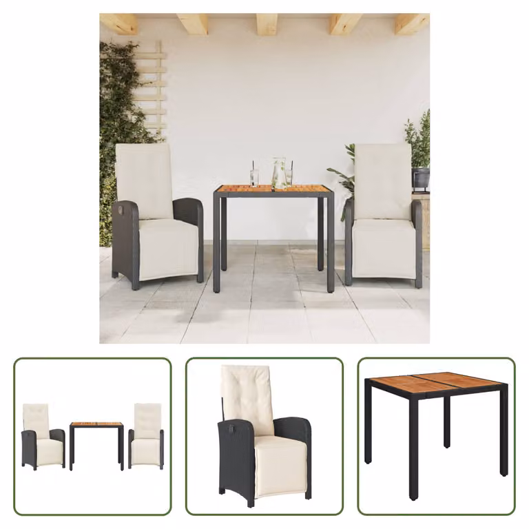 The Living Store Set bistrot 3 pezzi con cuscini in poly rattan nero