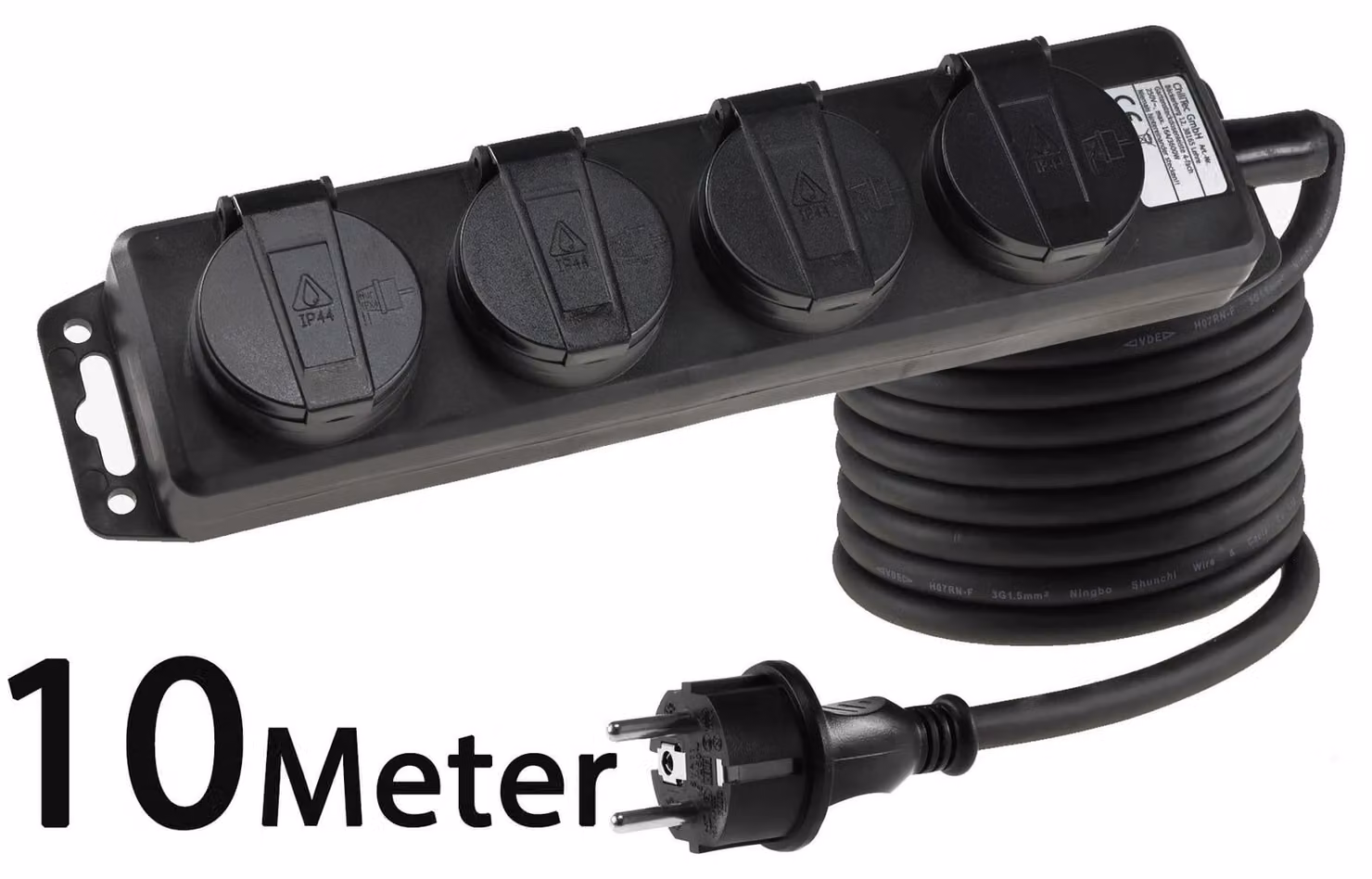 presa di corrente a 4 vie da esterno con 4 prese con contatto di terra coperchio incernierato 10 m di cavo IP44 presa multipla per uso interno ed esterno 230V 16A nero