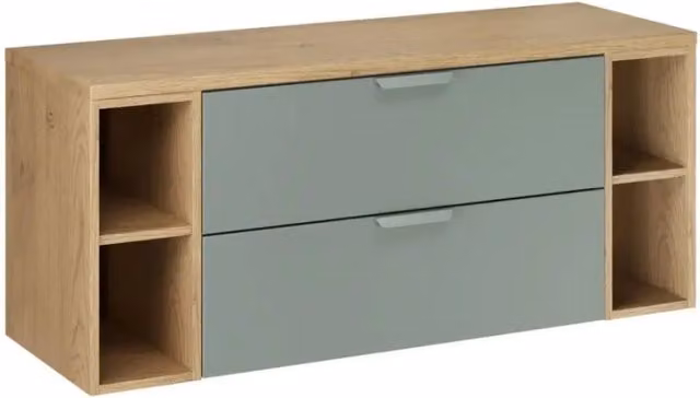 Insieme OSTER 120cm: mobile sottolavabo con cassetti verde salvia e nicchie a vista + piano per lavabo effetto rovere chiaro
