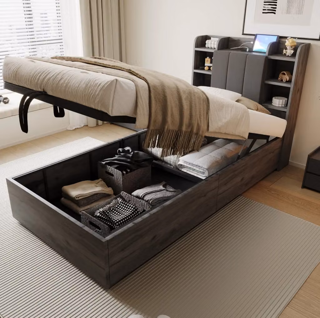 Letto singolo MODFU con contenitore idraulico e testiera con prese USB e Type-C, grigio, L/P/H: 90 x 200 x 221 cm – 2