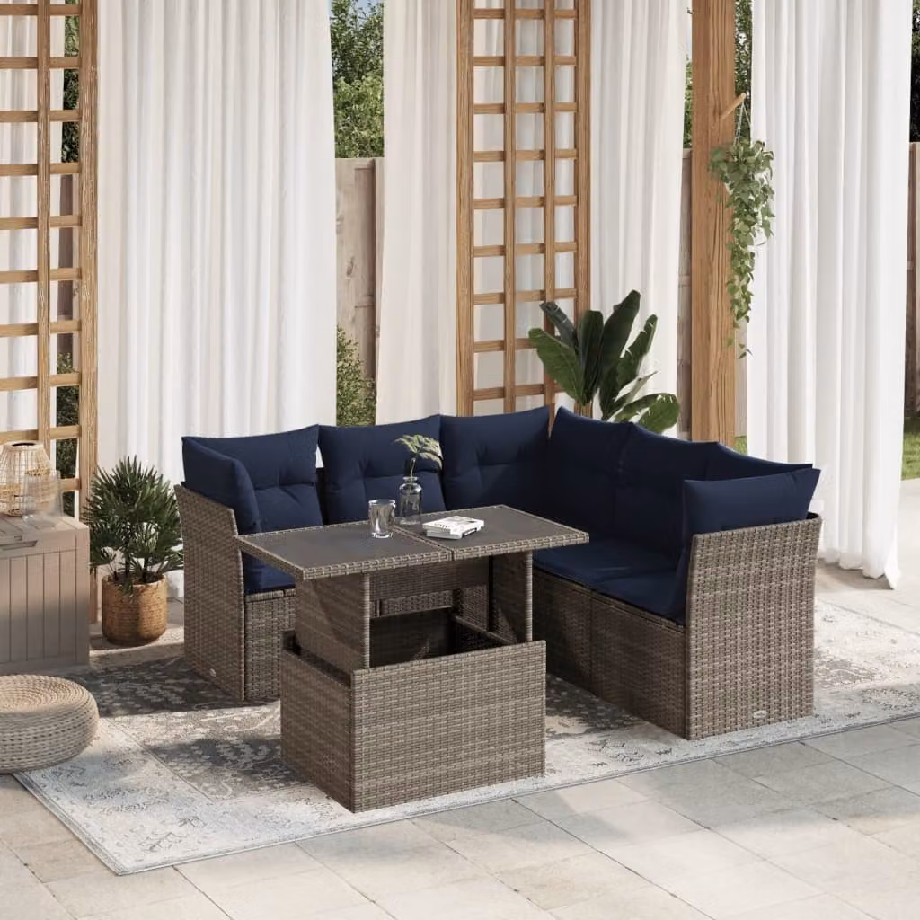 Set da giardino vidaXL composto da 6 pezzi con divano a L, tavolino da caffè e cuscini, colore grigio e blu in polyrattan e acciaio verniciato a polvere