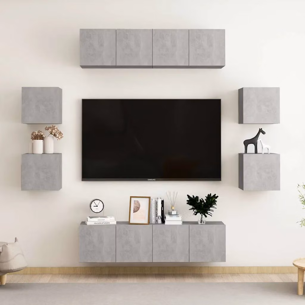 Set di mobili porta TV vidaXL da 8 pezzi in legno e MDF, colore grigio cemento, stile moderno per il tuo soggiorno