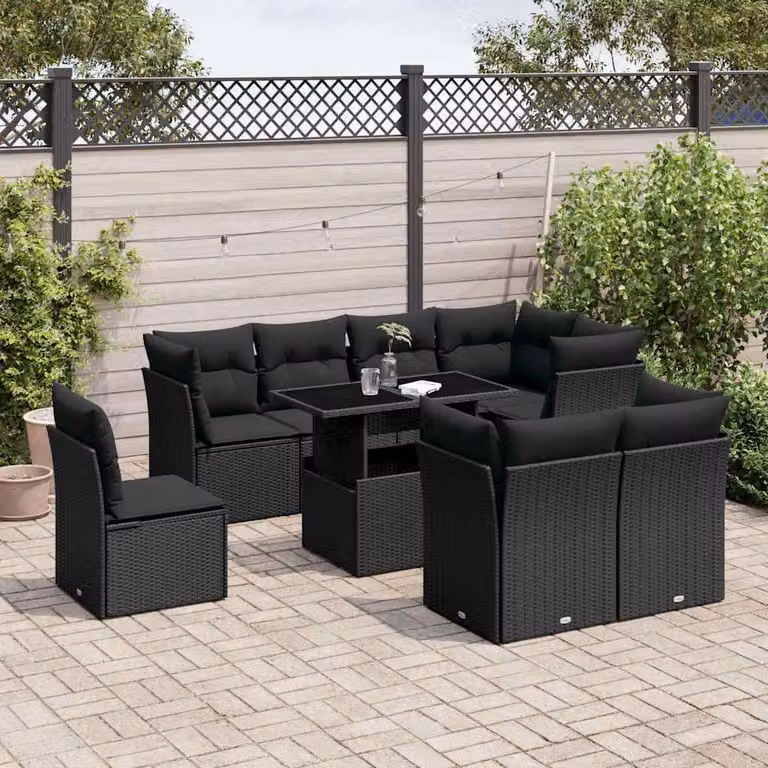 vidaXL Set Divani da Giardino 9 pz in Polyrattan Nero con Cuscini e Tavolino