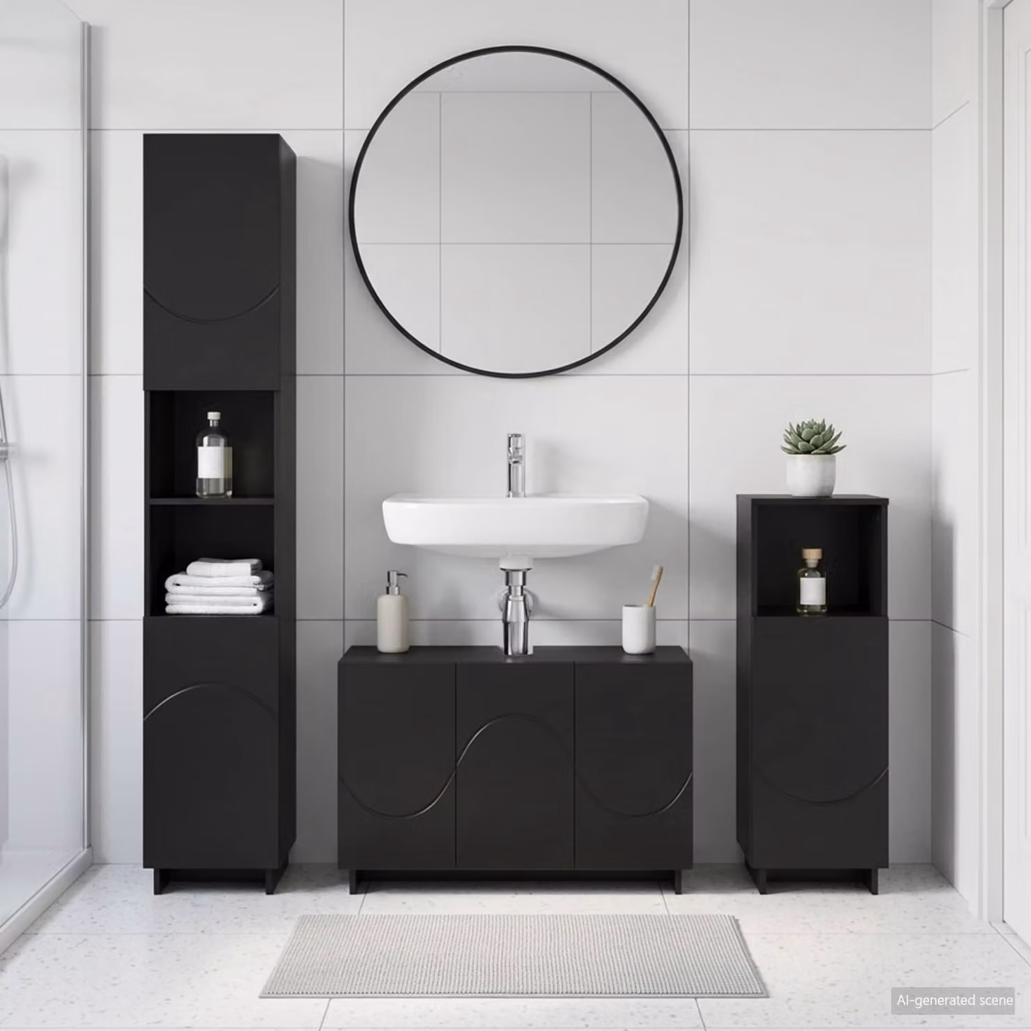 Set di mobili da bagno moderno vidaXL in 3 pezzi nero opaco con base lavabo, pensile e colonna alta L/P/H: 67.39 x 41.0 x 101.0 cm, 41.0 x 3.0 x 180.0 cm e 67.39 x 41.0 x 101.0 cm