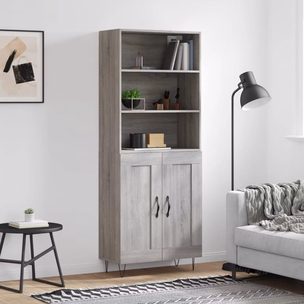 Credenza moderna vidaXL in legno multistrato e metallo, Grigio Sonoma, L: 69,5 cm, P: 34 cm, H: 180 cm