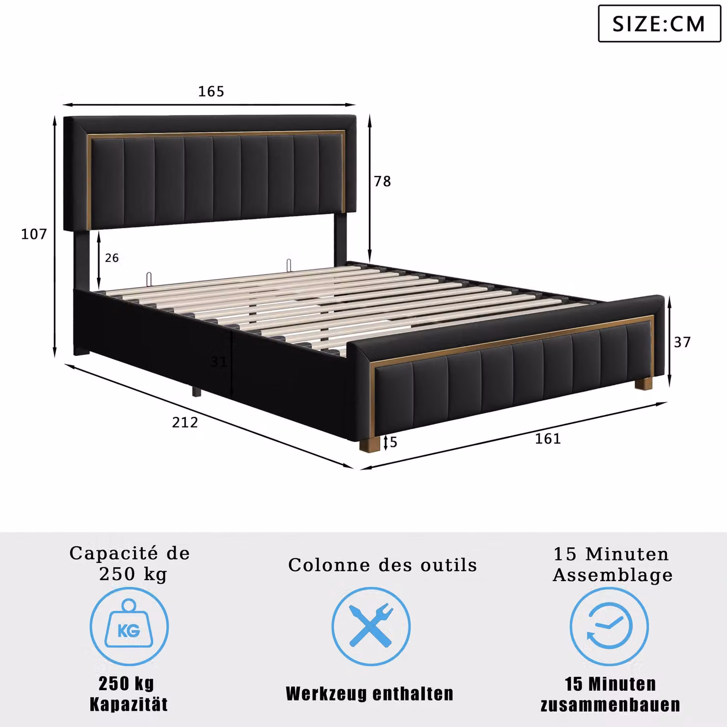 Letto imbottito - Struttura del letto - 160 x 200 cm - Spazio contenitore con sistema idraulico - Retino - Rivestimento in velluto - Testiera a righe verticali - Nero