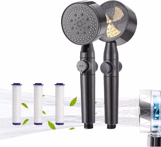 Doccia a risparmio energetico, doccia a elica con filtro, soffione a mano rotante a 360 gradi, doccia a risparmio idrico con funzione di interruzione, doccia anticalcare, protegge la pelle e i capelli, confezione singola, colore grigio