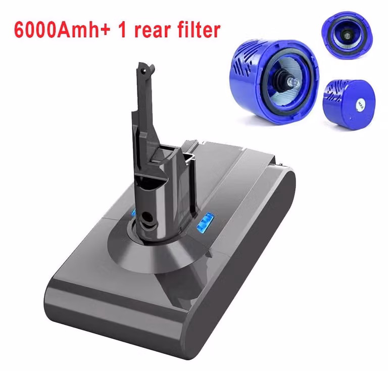 Batteria di ricambio per aspirapolvere portatile V8 SV10 - Li-Ion 6,0 Ah (6000 mAh) - Con filtro secondario - Alta capacità - Viola