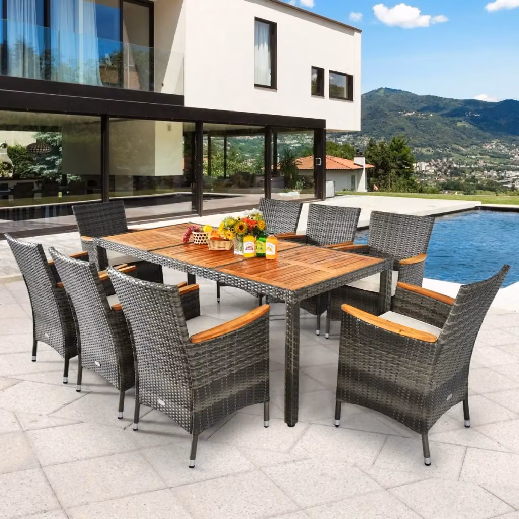 Set da pranzo da giardino in legno di acacia con tavolo rettangolare e 9 sedie con cuscini, colore beige e marrone – 2