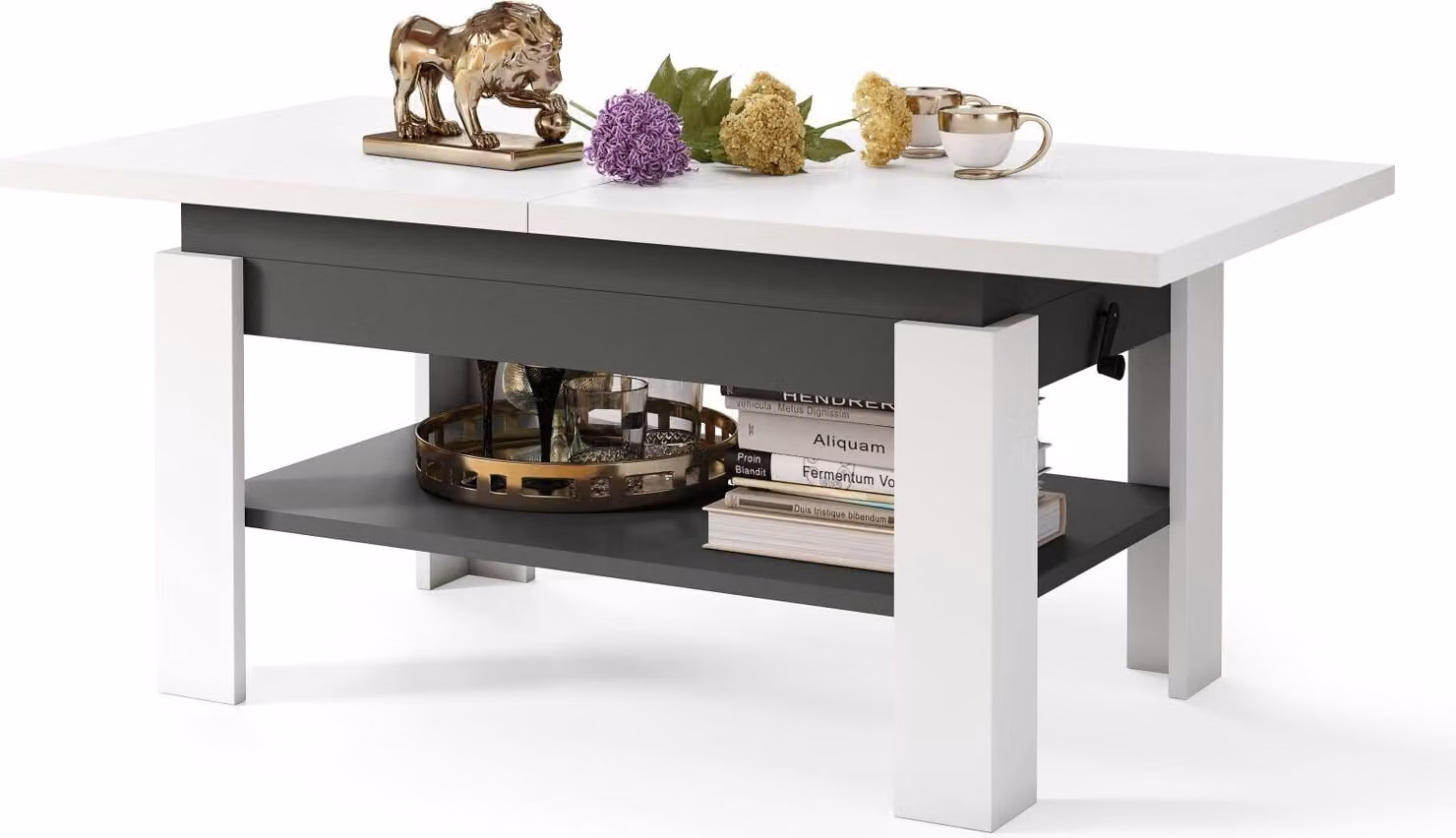 Tavolino All4All Rino, tavolino da caffè, tavolino da salotto con ripiano, tavolino da divano, allungabile fino a 170 cm, regolabile in altezza, 130x65 cm, 05, bianco + antracite