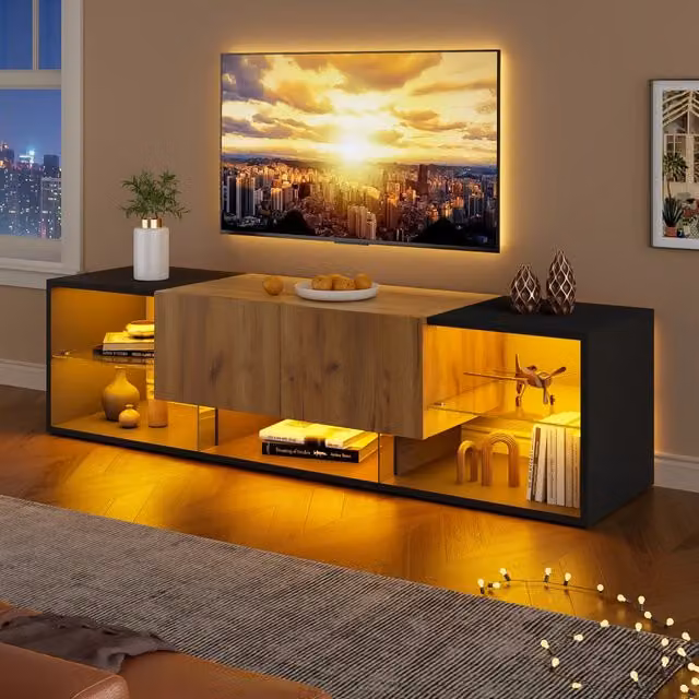 Mobile TV moderno WISHDOR con illuminazione LED integrata, finitura nero opaco e legno, L: 160 cm, P: 40 cm, H: 42 cm