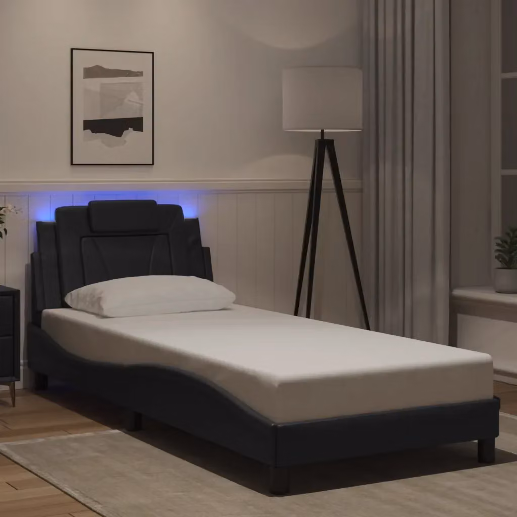 Letto singolo Viana nero con illuminazione LED sotto il letto e porta USB, struttura in ecopelle e legno, L/P/H: 200 x 80 cm – 2
