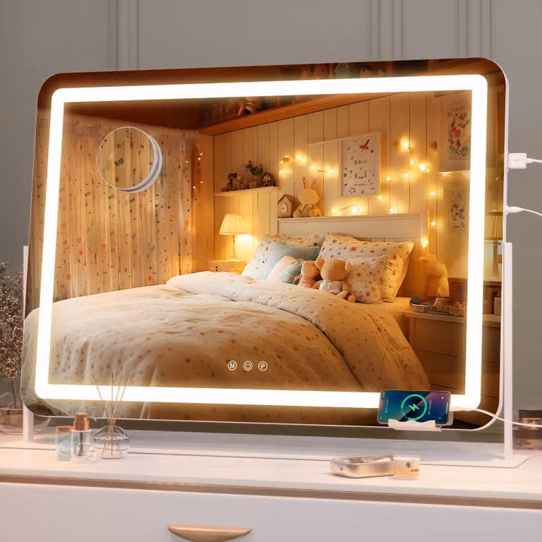 Specchio da trucco a LED, dimensioni 76,2 x 53,3 cm, ingrandimento 10x, illuminazione a 3 colori, colore bianco