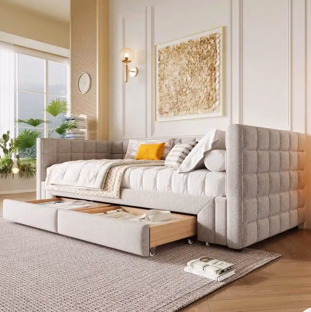 Daybed trasformabile in velluto beige con 2 cassetti 90x200 cm