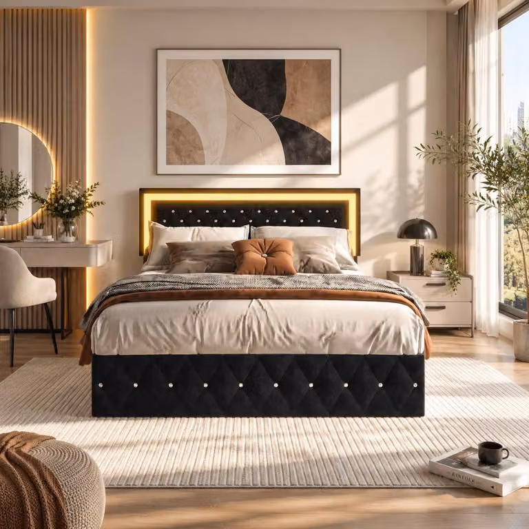 Letto idraulico imbottito INONEFT, 160x200 cm, con illuminazione a LED, letto per ragazzi con poggiatesta regolabile in altezza, struttura del letto con rete a doghe, rivestito in velluto nero