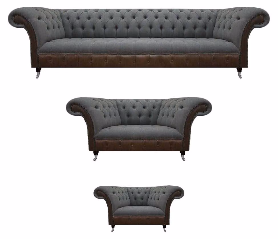 Grau-Braune Chesterfield Sofagarnitur Wohnzimmer Sitzmöbel 4-Sitzer 3tlg