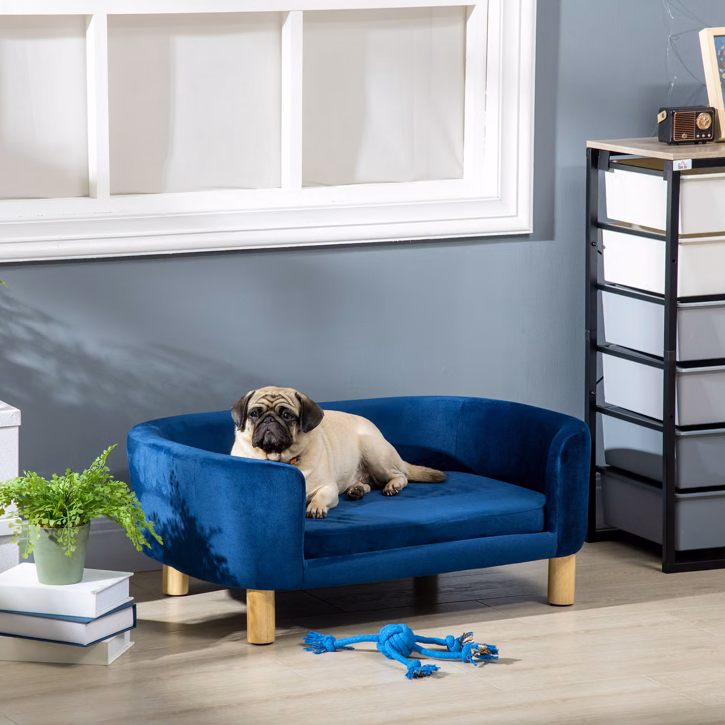 Cuccia per cani e gatti Aosom PawHut in velluto blu con cuscino in schiuma sfoderabile, L: 86 cm, P: 55 cm, H: 33 cm – 2