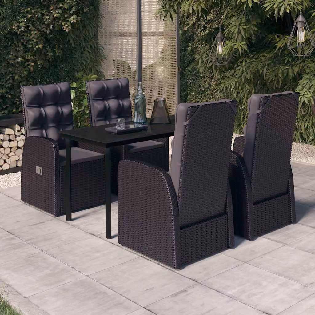 Set da Pranzo da Giardino vidaXL in Polyrattan Nero con Cuscini e Tavolo in Vetro 5 Pezzi