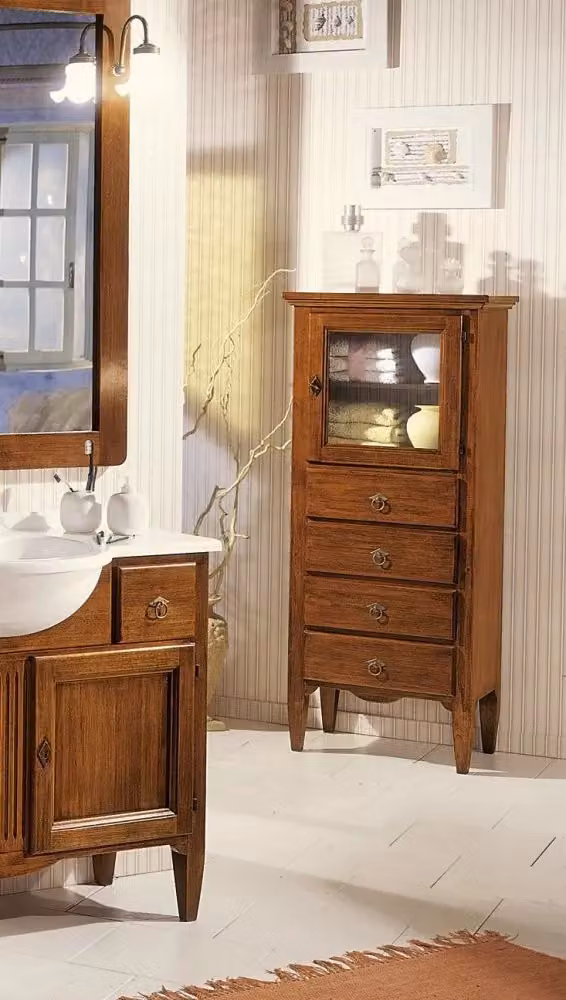Vetrina Mobili 2G con 1 porta in vetro, 4 cassetti, in legno color noce, L: 57 cm, P: 40 cm, H: 134 cm – 4