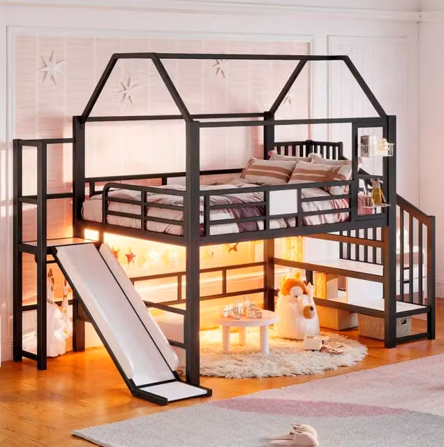Letto a soppalco per bambini in metallo nero a forma di casa con scivolo, scala, spazio contenitivo e illuminazione LED Bluetooth per materasso 140x200 cm