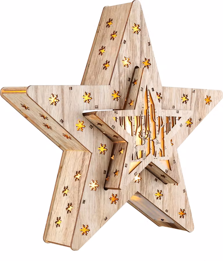 Stella di legno a LED set di 2 - 33 cm - stella di Natale con 16 LED bianco caldo - decorazione natalizia da tavolo a batteria
