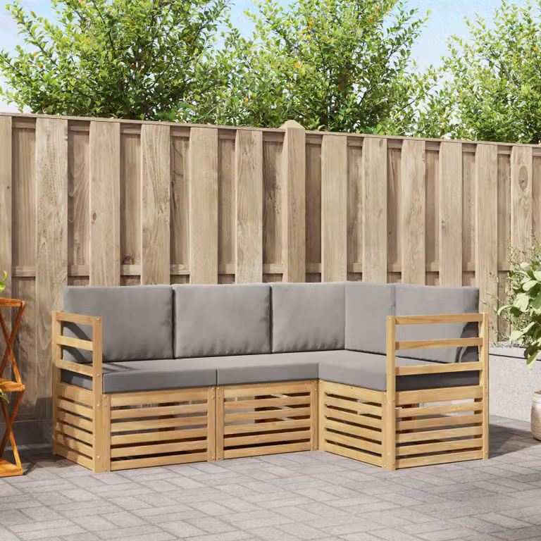 Set di divani da esterno vidaXL a forma di L con cuscini, struttura in legno di acacia e tessuto bianco e grigio