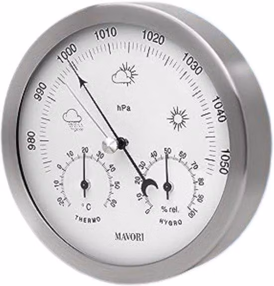 Stazione meteorologica - Stazione meteorologica analogica - Barometro - Termometro - Idrometro - Per interni - Custodia in acciaio inossidabile - Design moderno - Ecologica - Idrometro - Termometro - Modello da parete - Orologio meteorologico 3 in 1 - Sen