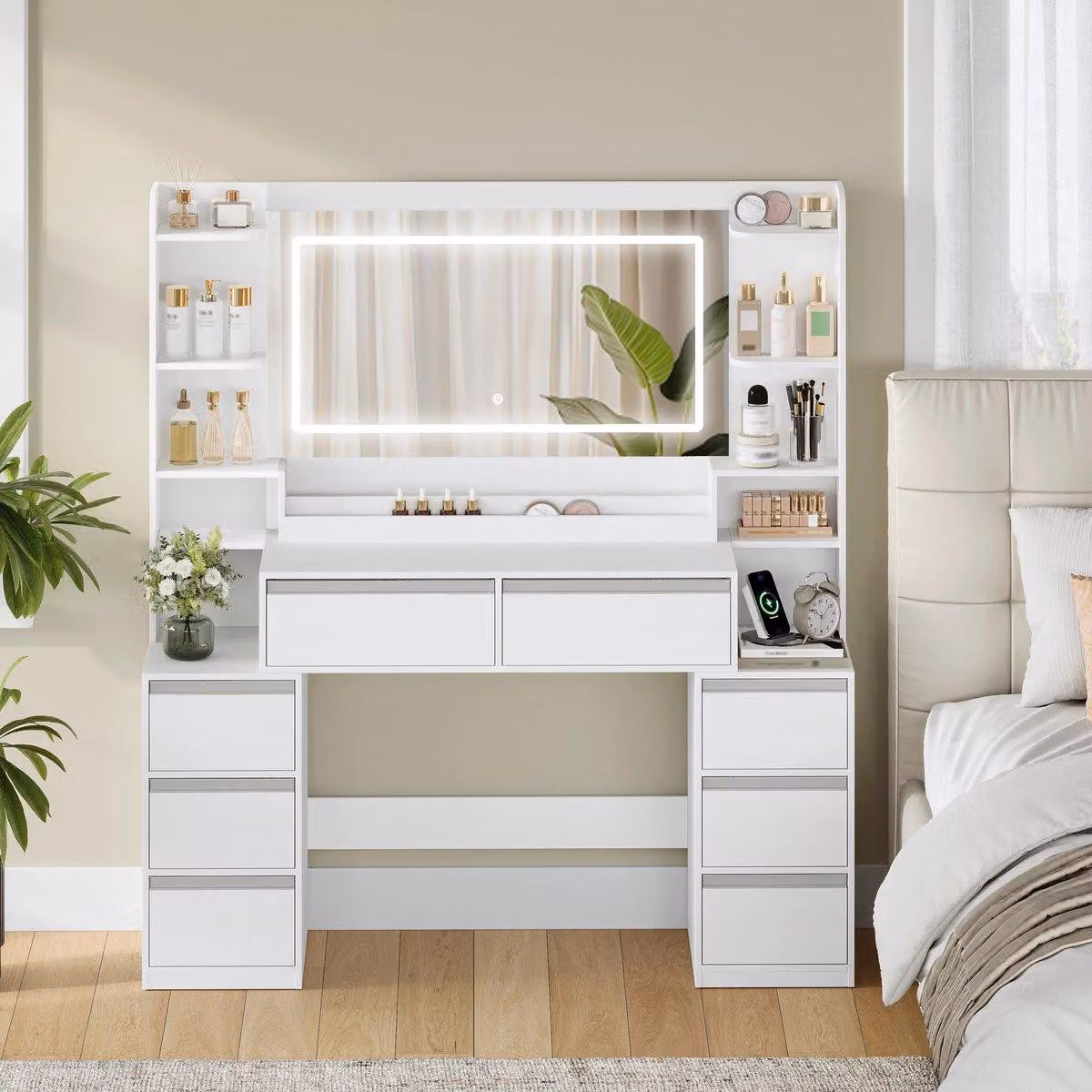 Comò da trucco - Bianco e argento - 145x135 cm - Con specchio - 8 cassetti - Design minimalista