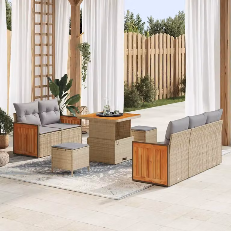 Set Divano da Giardino vidaXL a L in Polyrattan con Cuscini Beige e Grigio per 7 Persone