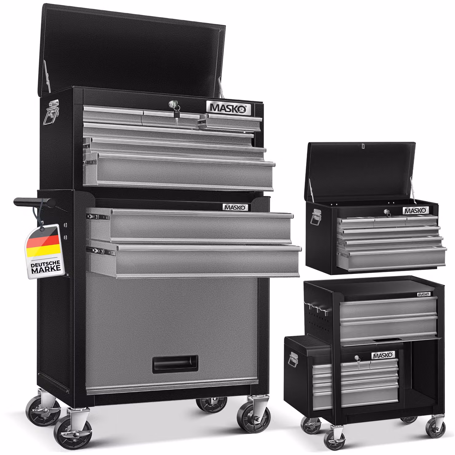 Carrello da officina MASKO® con serratura, 9 scomparti, struttura in metallo massiccio, completo di valigetta, senza attrezzi