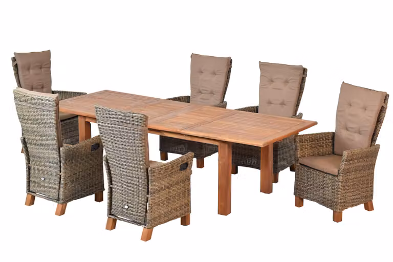 Set Merxx Toscana 13 pezzi, naturale - 6 poltrone con schienale alto incl. cuscini, 1 tavolo allungabile doppio - Colore: bianco - Dimensioni: poltrona: 65,5x59/87x110 tavolo: 180(220/260) x100x75 cm; 6x 28401-211 + 1x 23915-011