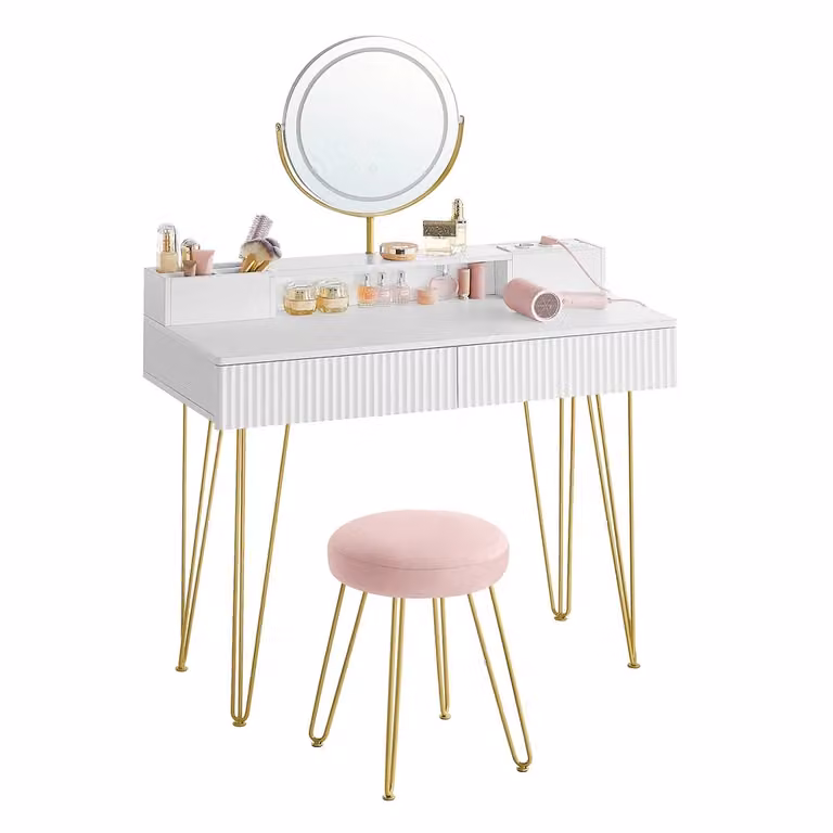 Toeletta con Sgabello e Illuminazione, Bianco Opaco + Oro Pallido / 100l cm