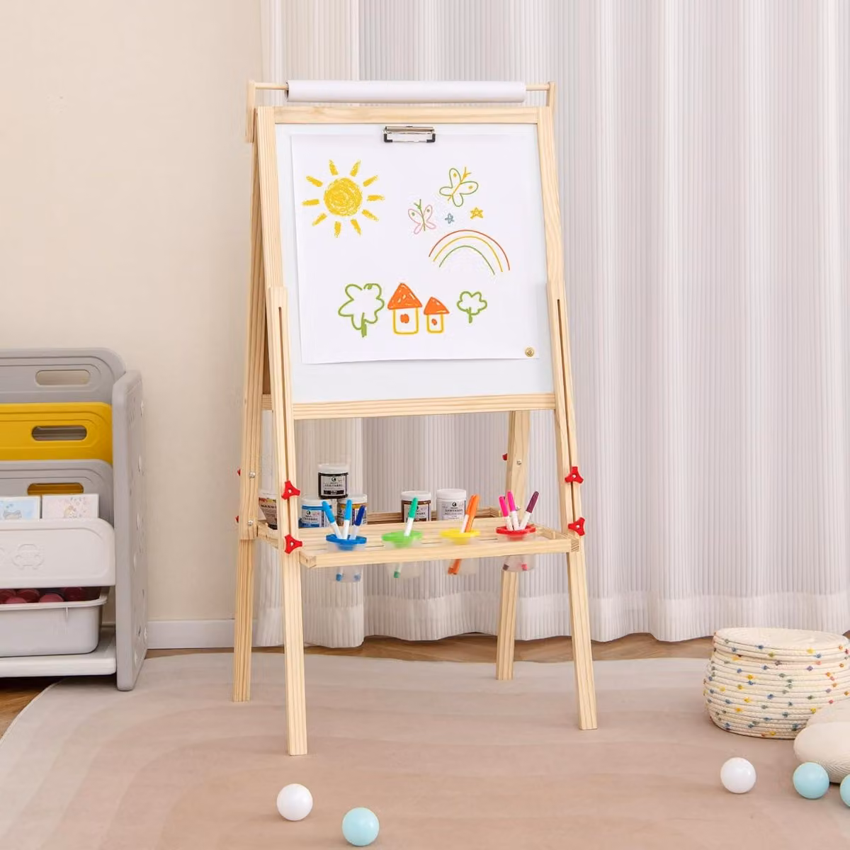 Cavalletto 3 in 1 Costway per bambini dai 3 ai 10 anni con lavagna magnetica doppia faccia regolabile in legno colore bianco e naturale