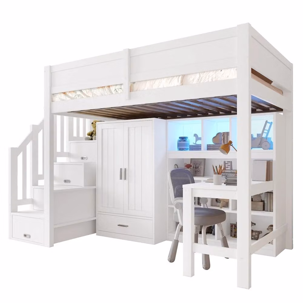 Letto a soppalco Minimal bianco con scrivania, armadio, scala contenitore e luci LED, L/P: 200 x 90 cm – 2