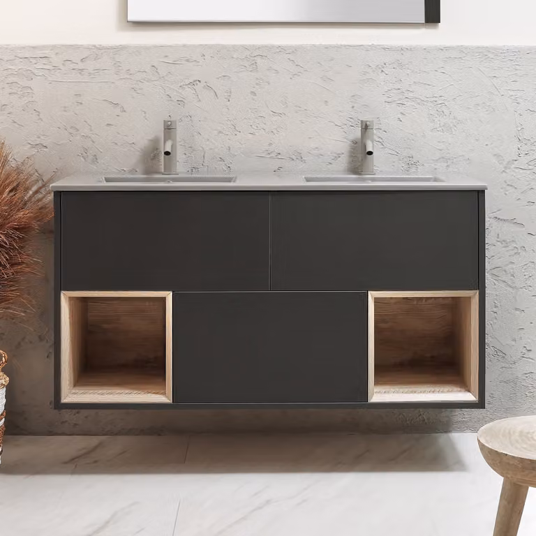 Mobile Bagno Sospeso con Ripiano Aperto in Grigio Nero da 1212mm con Lavabo Grigio (Pebble) - Hoxton