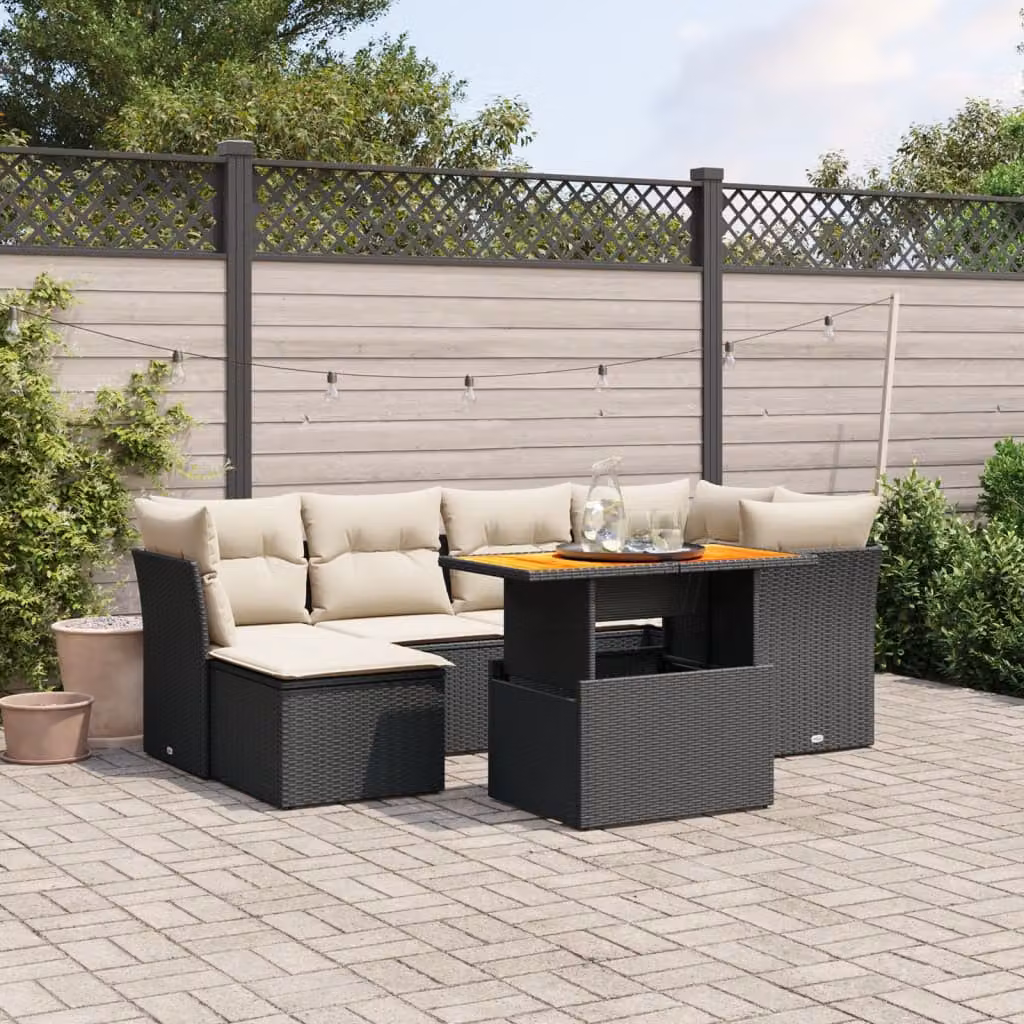 Set di divani da giardino vidaXL in polyrattan nero con 7 pezzi, inclusi cuscini e tavolino da esterno – 1