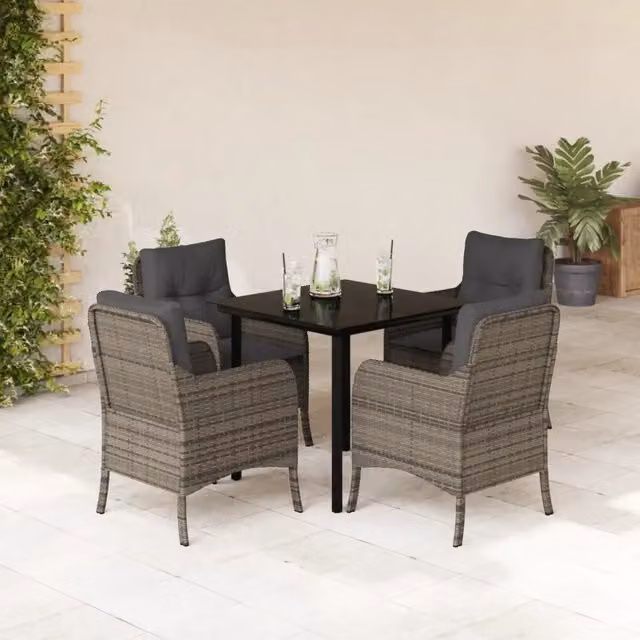 Set da pranzo da giardino vidaXL in polyrattan e vetro con 5 pezzi, colore grigio e nero