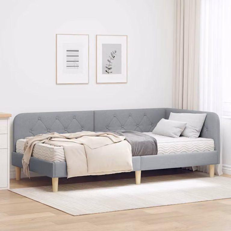 vidaXL Cornice del letto ad angolo in tessuto grigio con struttura in legno e doghe fisse L/P/H: 200 x 90 x 72 cm