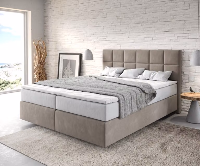 Letto boxspring DELIFE Dream-Fine 160x200 cm in microfibra beige con materasso TFK e topper in viscoelastico